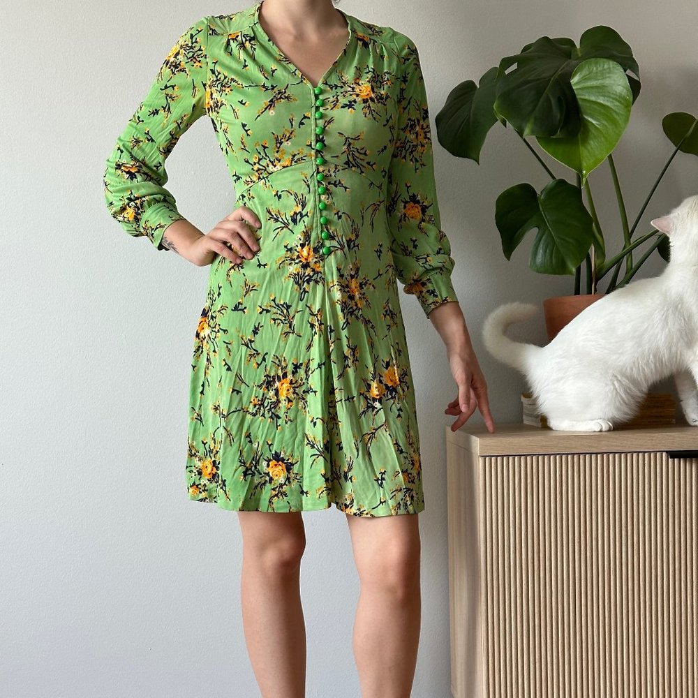 1970s Vintage Lime Green Floral Mini Dress